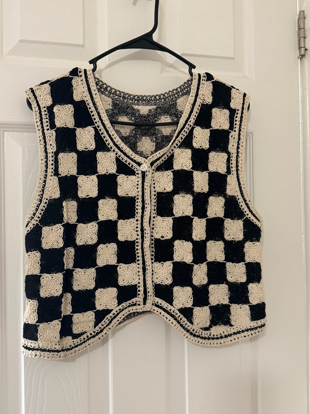 Black and Cream Crochet Checkered Vest Sweater